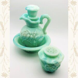 Vintage Avon Collectible – Green Milk Glass Vanity Set